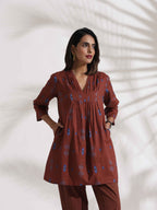 trueBrowns Brown Cotton Print Pleated Top & Pants Co-ord Set | Grocsy
