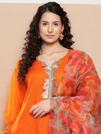 InWeave Women's Orange Organza Sleeve Kurta Set W Green Or Dupatta | Grocsy
