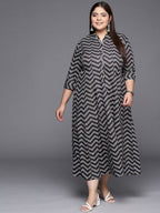 Ahalyaa Plus Size Chevron Print Crepe Mandarin Collar A-line Midi Ethnic Dress | Grocsy