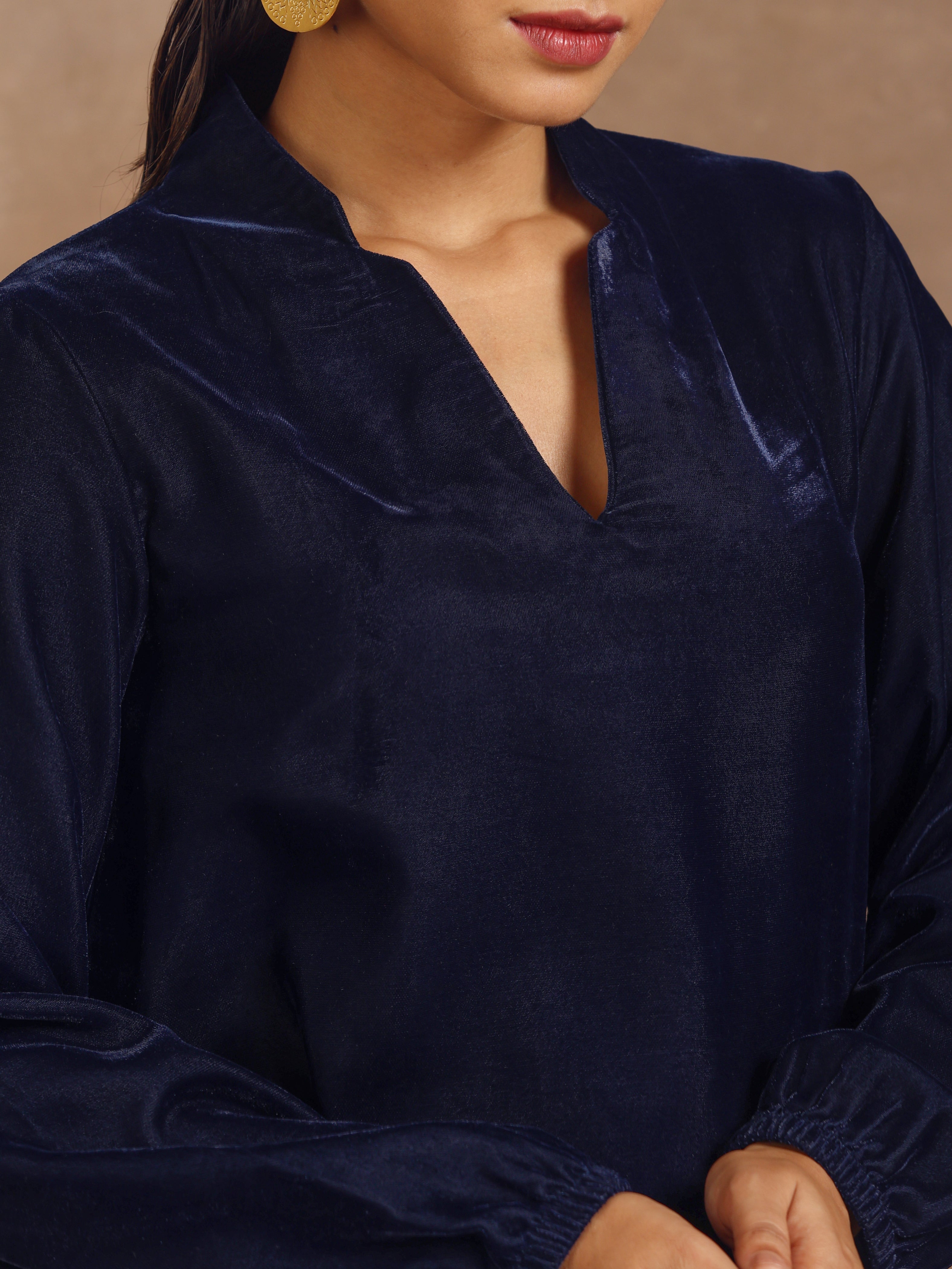 trueBrowns Midnight Blue Velvet Solid Co-ord Set | Grocsy