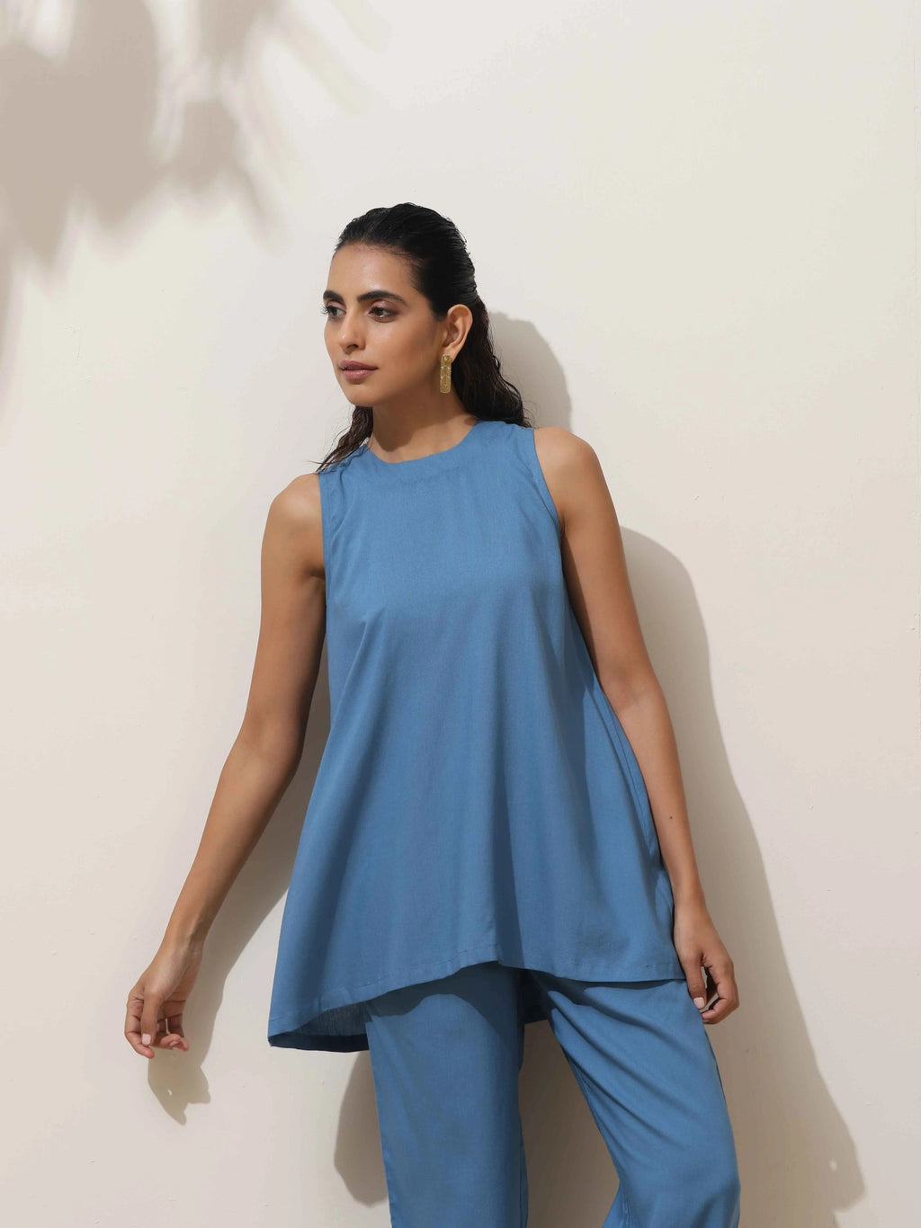 trueBrowns Blue Viscose Solid Co-ord Set | Grocsy