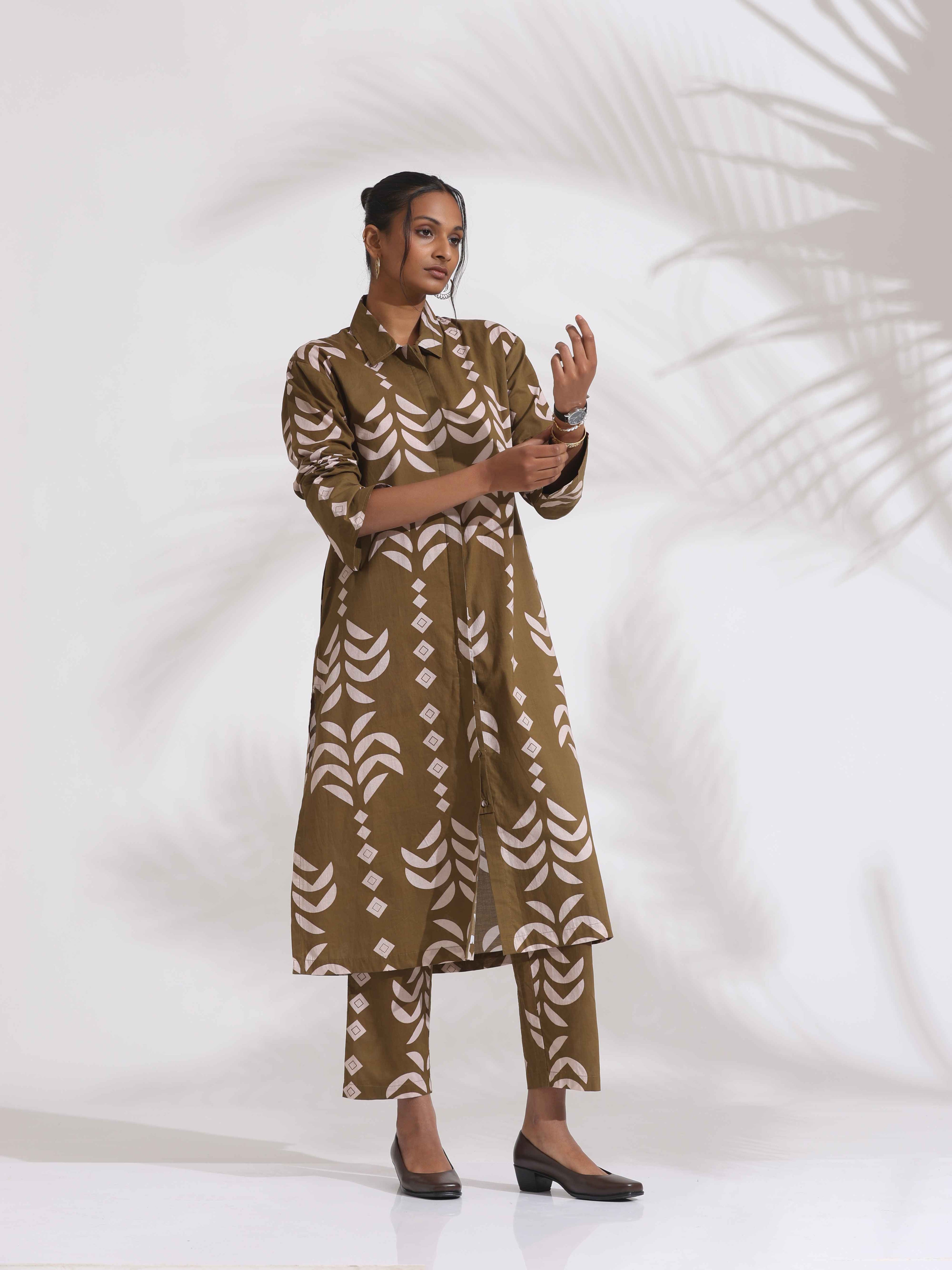 trueBrowns Olive Green Cotton Stripe Print Shirt Kurta Set | Grocsy