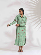trueBrowns Green Cotton Embroidered Shirt Dress | Grocsy