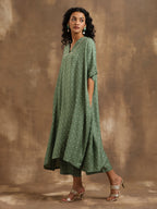 trueBrowns Light Green Bandhani Printed Silk Oversized Kurta Pant Set | Grocsy