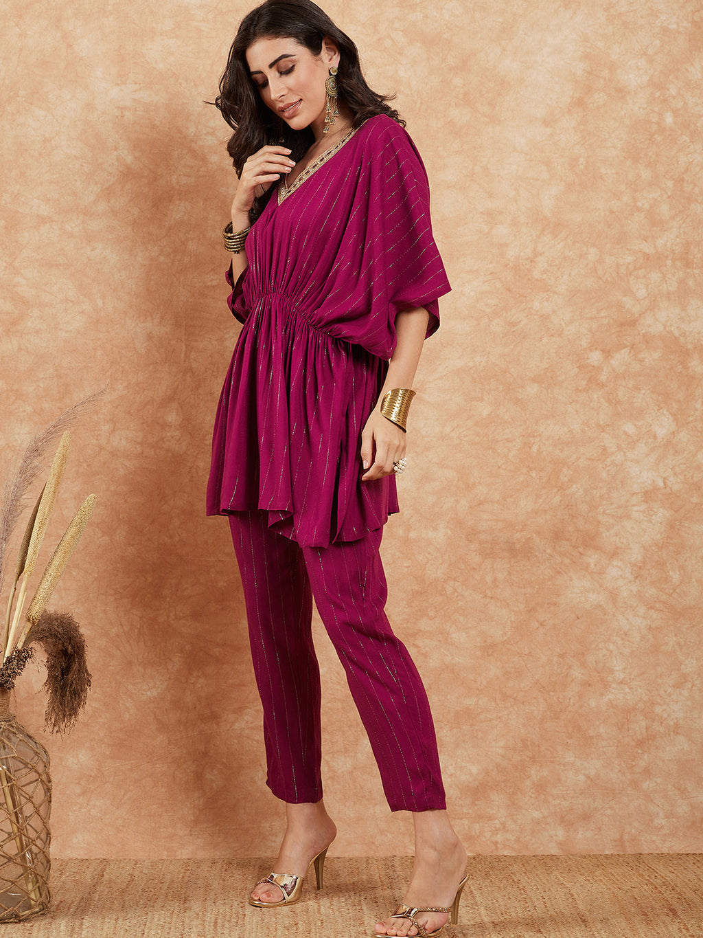 InWeave Women's Magenta Lurex V Neck Gota Kaftan Style Kurta Set | Grocsy