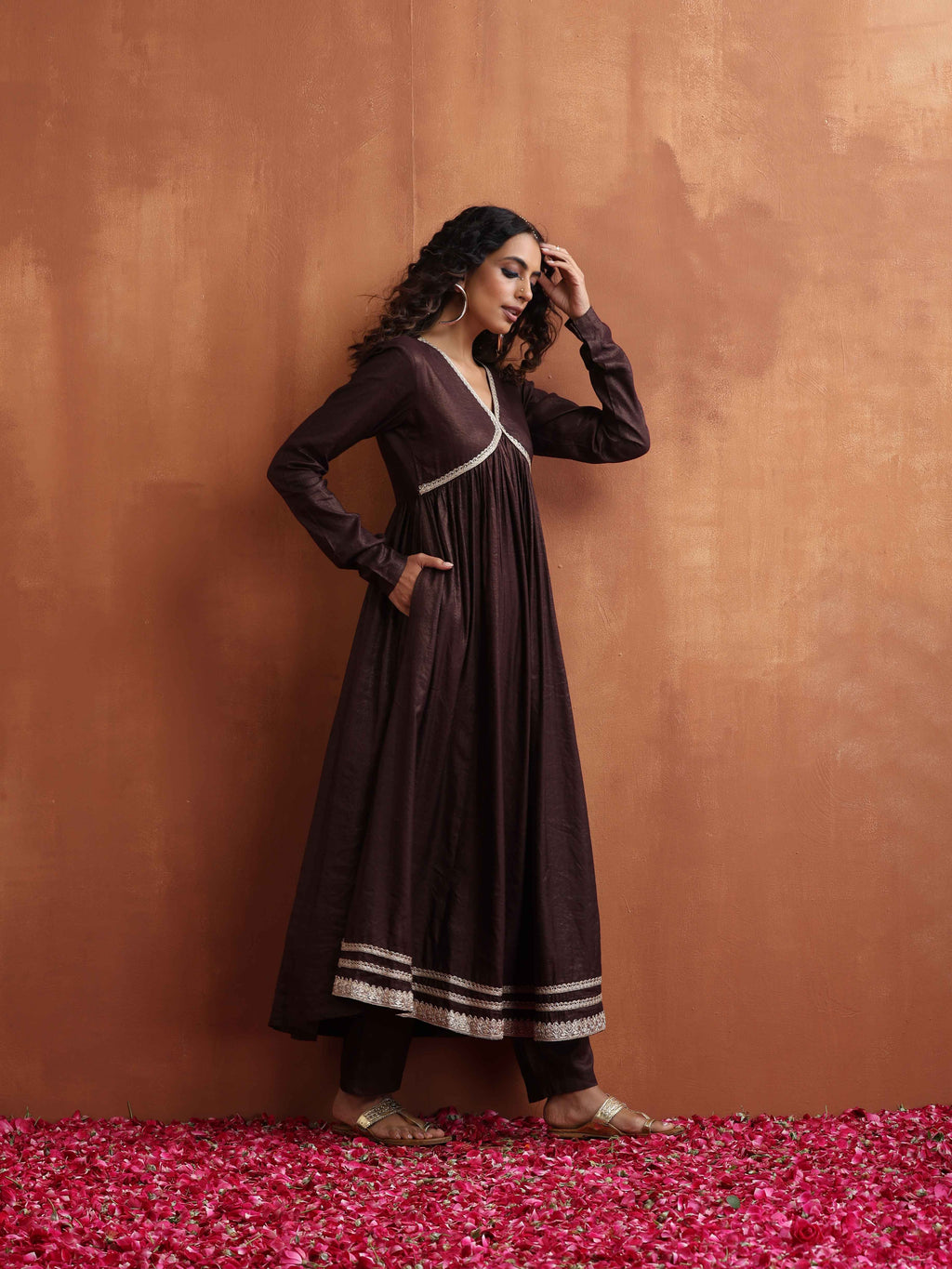 trueBrowns Brown Metallic Flared Anarkali Kurta Set | Grocsy