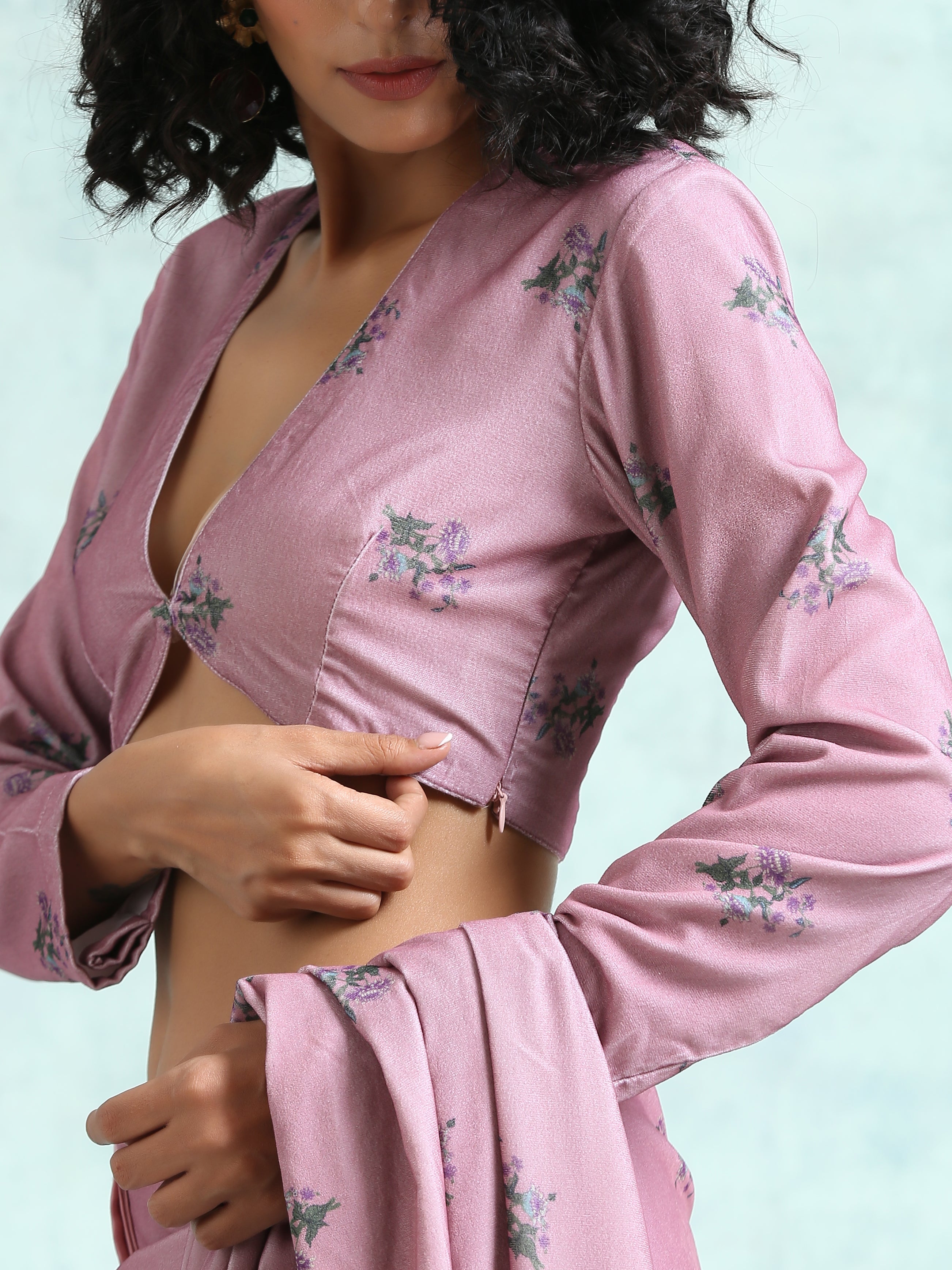 trueBrowns Light Mauve Printed Velvet Blouse | Grocsy