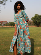 trueBrowns Teal Cotton Block Print Wrap Dress | Grocsy