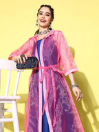 InWeave Women's Ink Blue Strappy Kurta Set With Pink Organza Cape | Grocsy