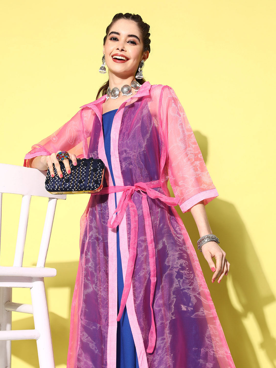InWeave Women's Ink Blue Strappy Kurta Set With Pink Organza Cape | Grocsy