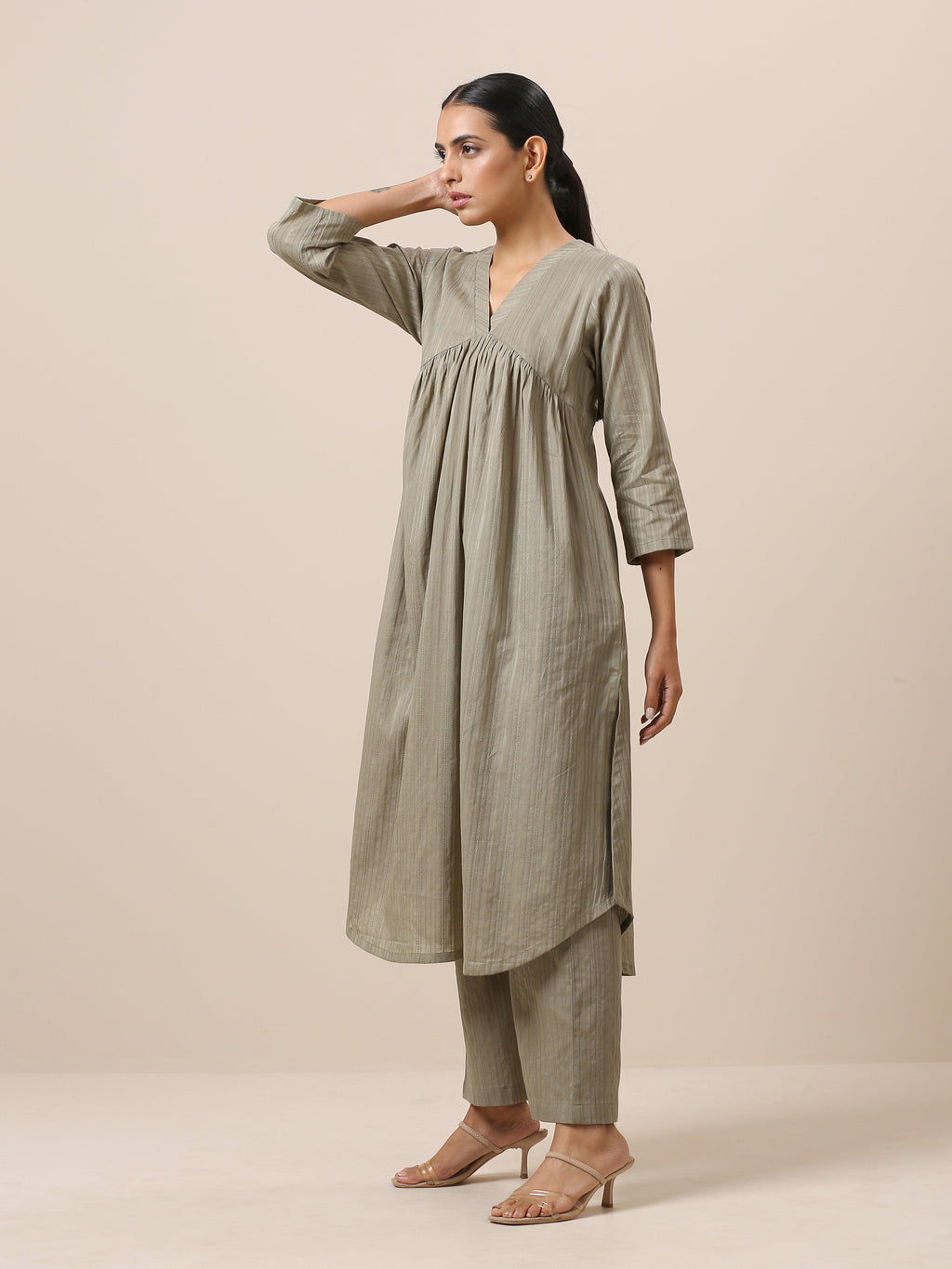 trueBrowns Cotton Olive Green Flared Slit Kurta Pant Set | Grocsy