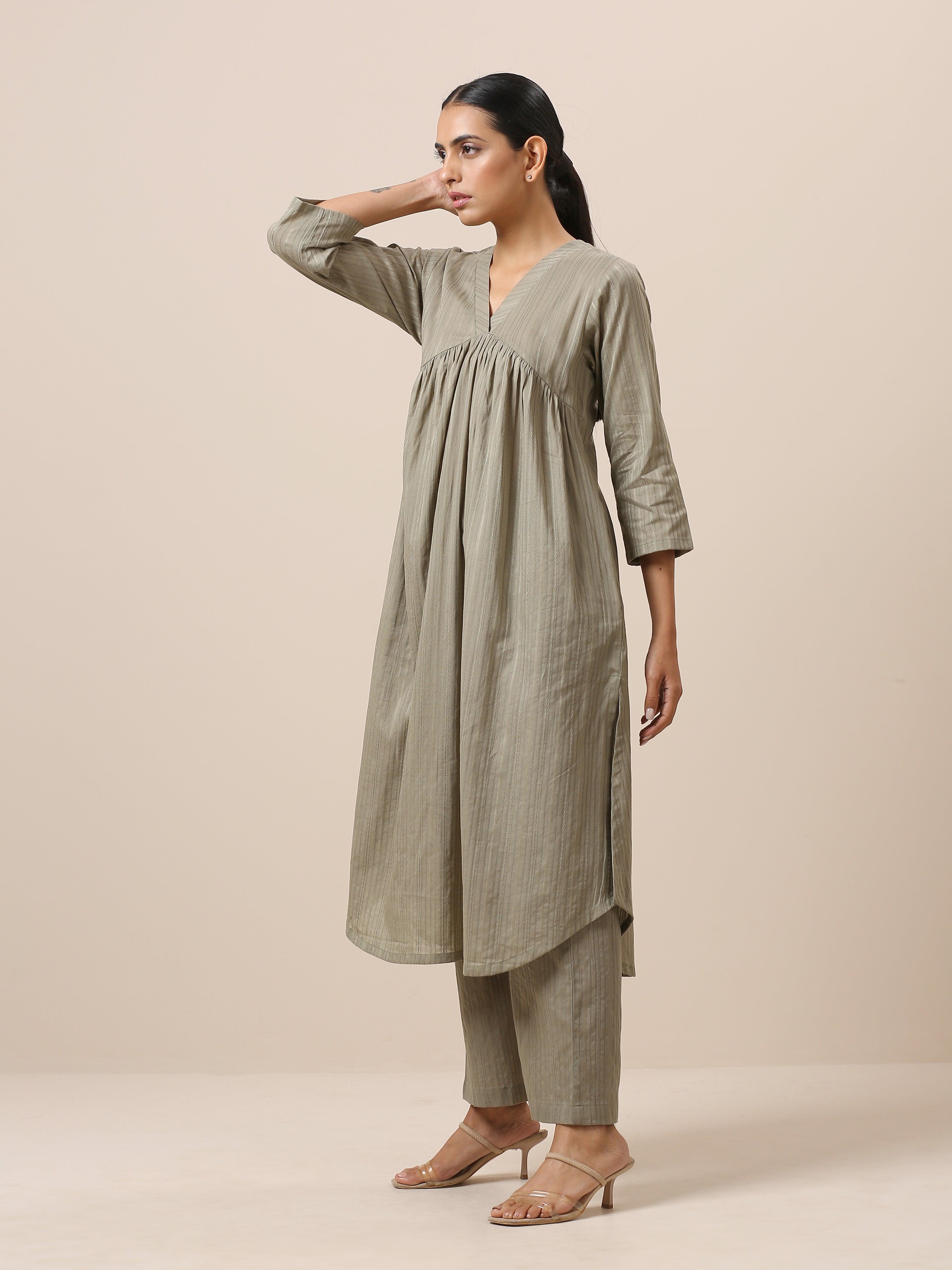trueBrowns Cotton Olive Green Flared Slit Kurta Pant Set | Grocsy