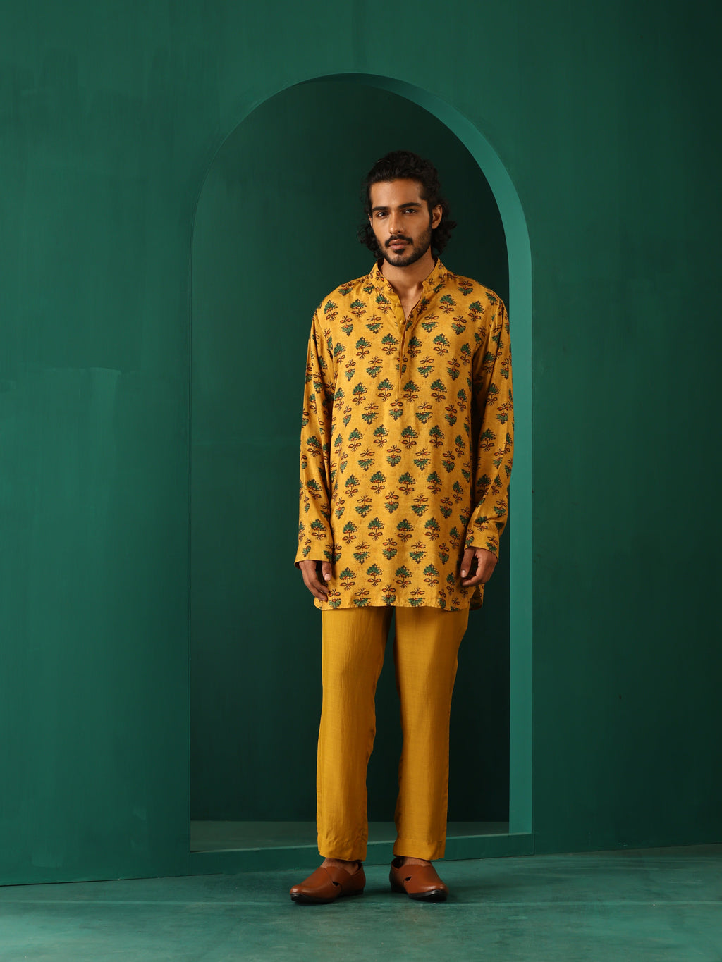 trueBrowns Men's Mustard Flower Stem Muslin Silk Printed Co-ord Set | Grocsy