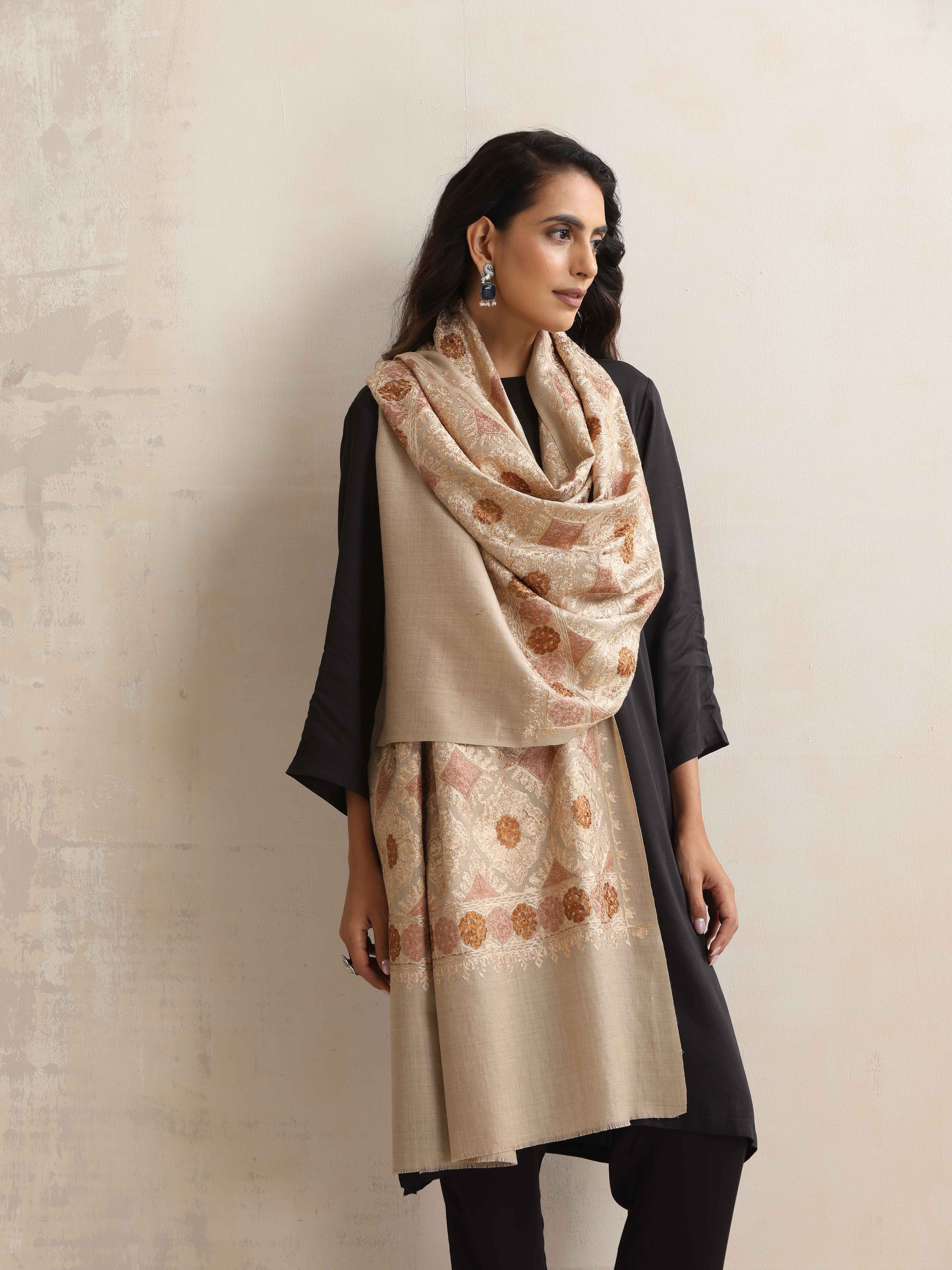 trueBrowns Beige Geometric Embroidered Woollen Stole | Grocsy