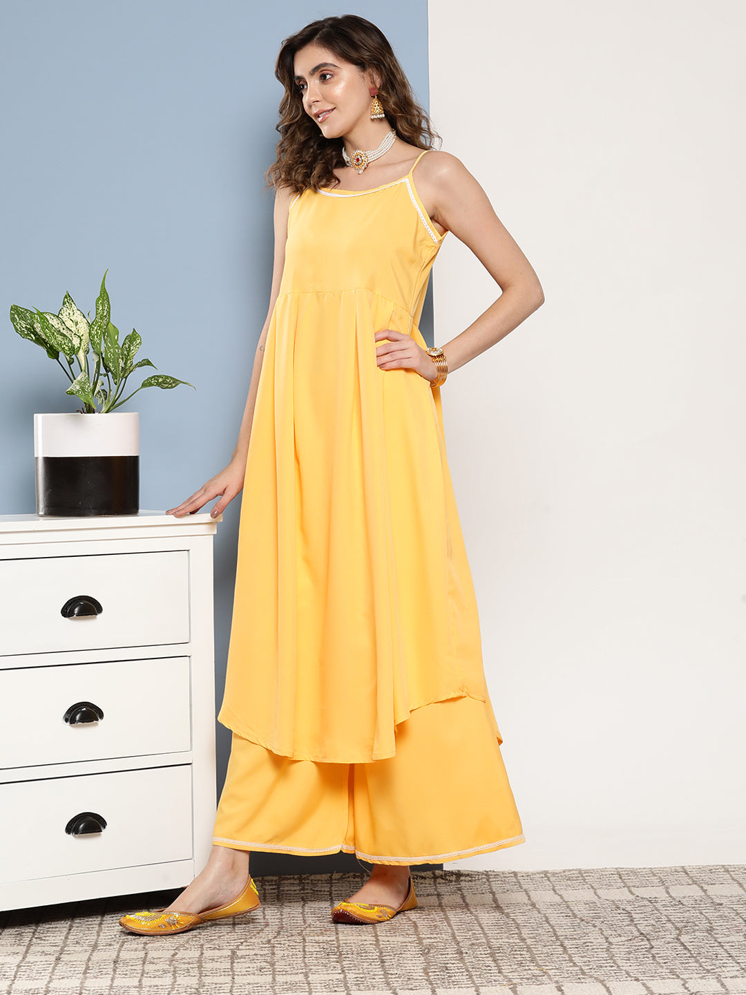 InWeave Women's Cassatta Yellow Cr Strappy Set With Mustard Brown Cape | Grocsy