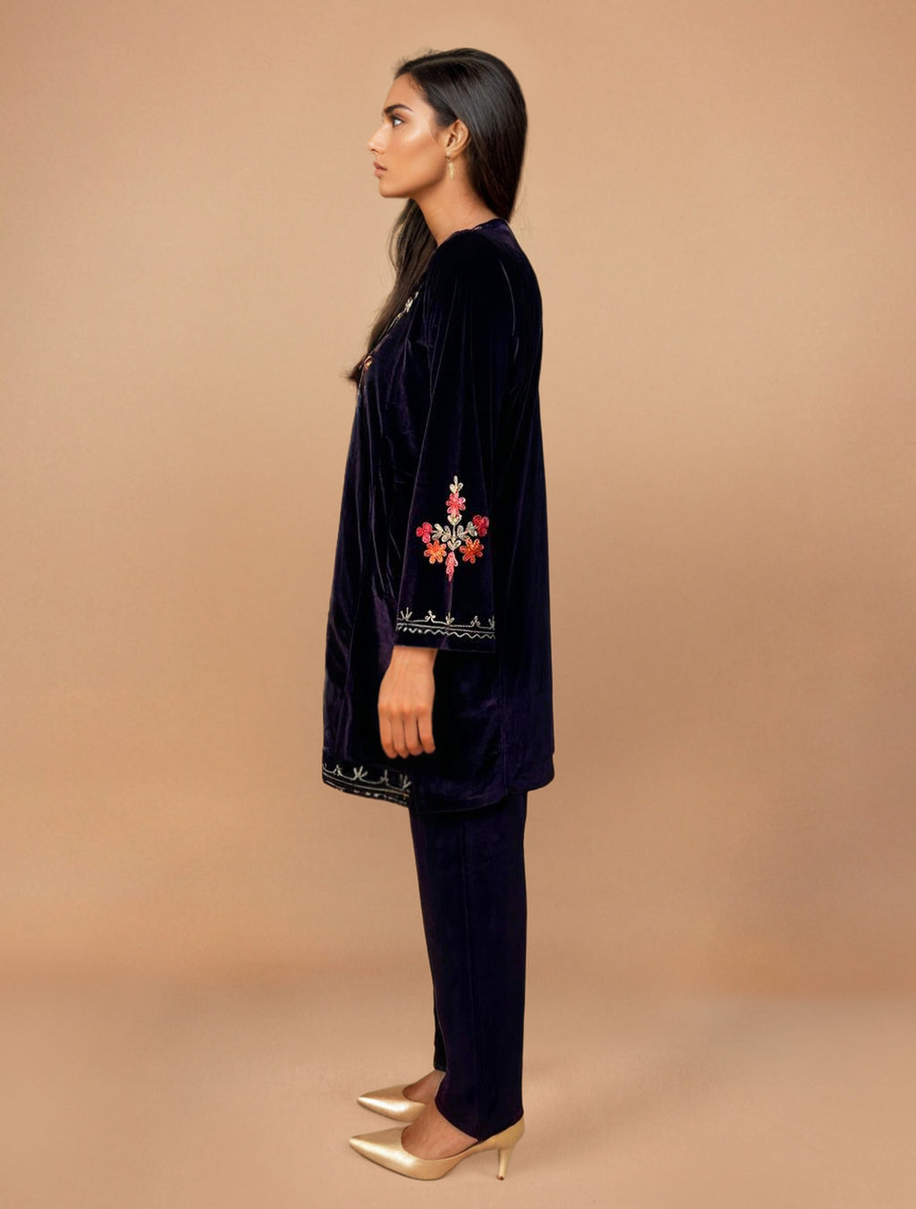 trueBrowns Purple Velvet Embroidered Co-ord Set | Grocsy