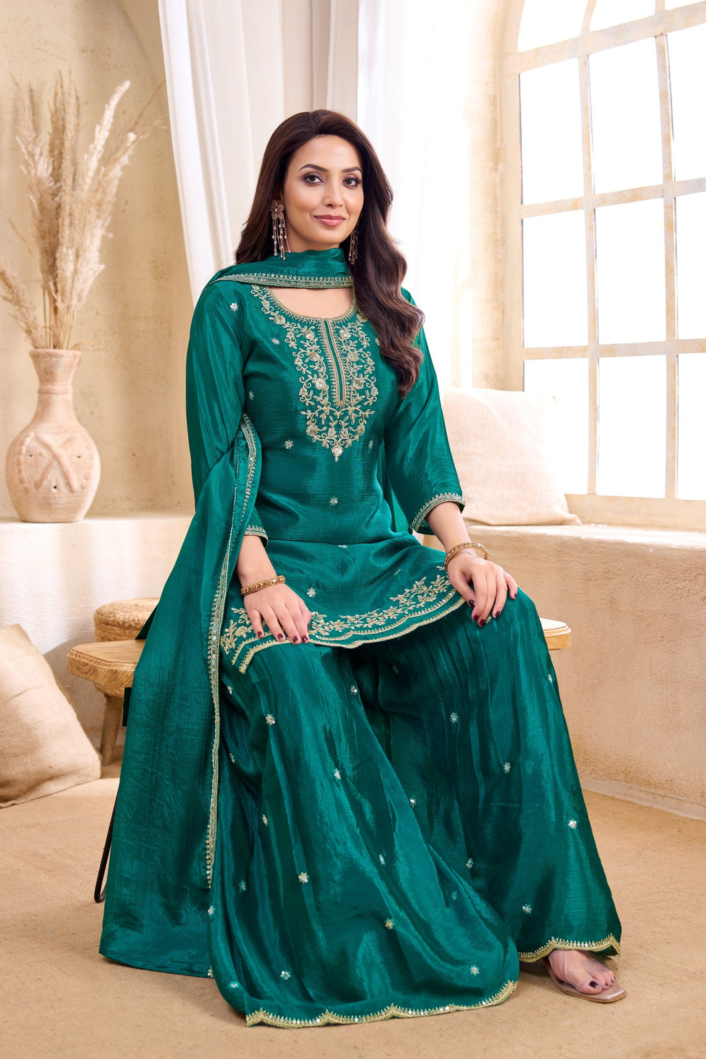 Anaita Teal Chiffon Readymade Suit with Coding Work | Grocsy