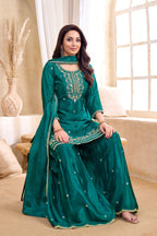Anaita Teal Chiffon Readymade Suit with Coding Work | Grocsy