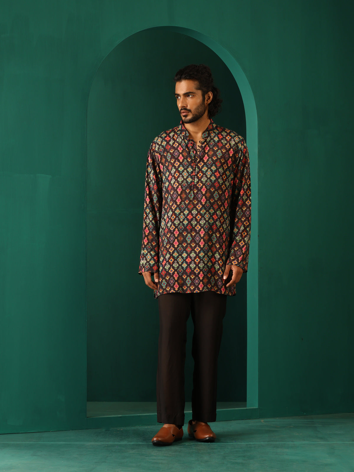 trueBrowns Men's Black Ikat Muslin Silk Printed Co-ord Set | Grocsy