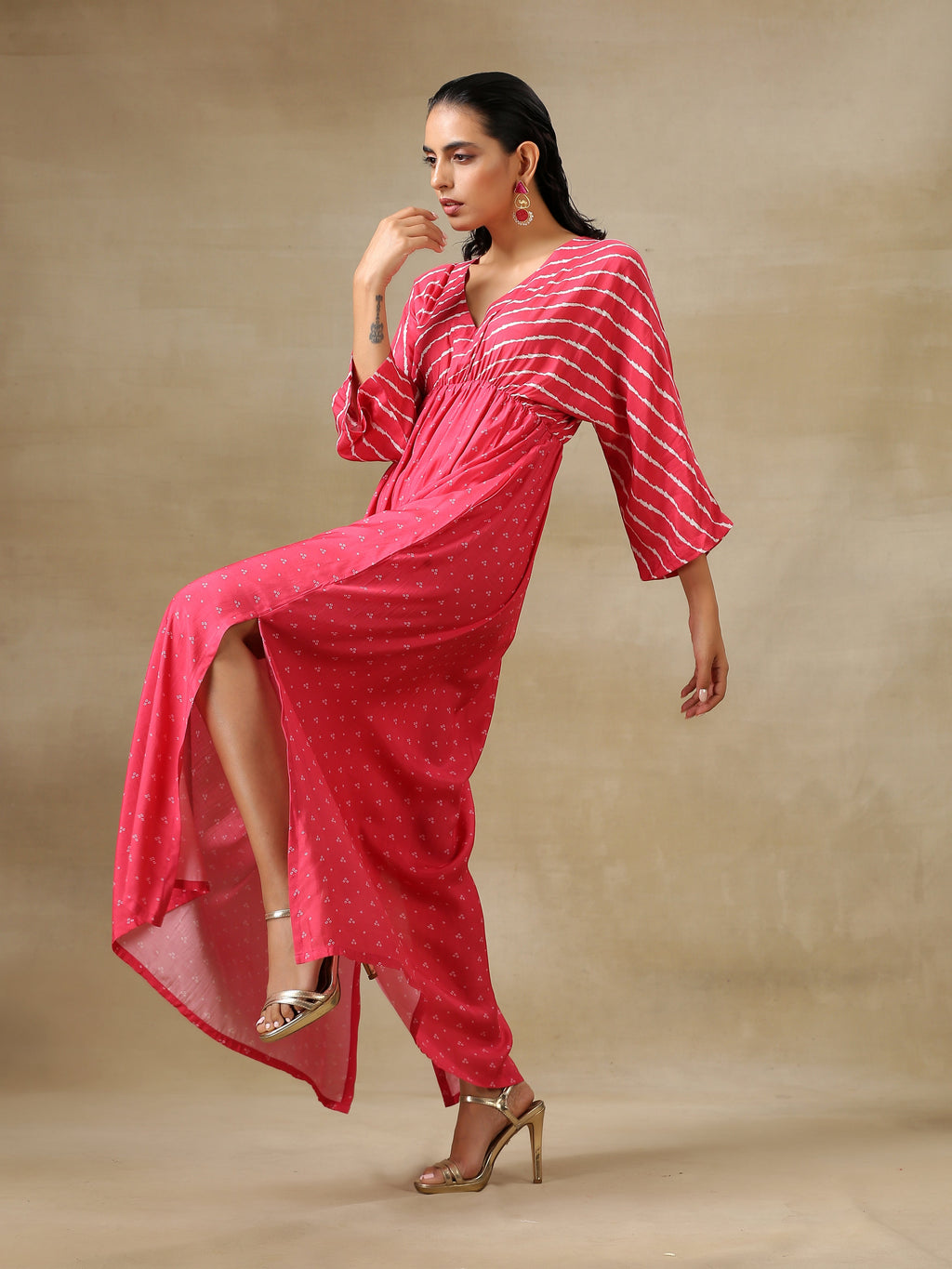 trueBrowns Pink Bandhani Printed Silk Drop Shoulder Dress | Grocsy