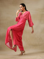 trueBrowns Pink Bandhani Printed Silk Drop Shoulder Dress | Grocsy