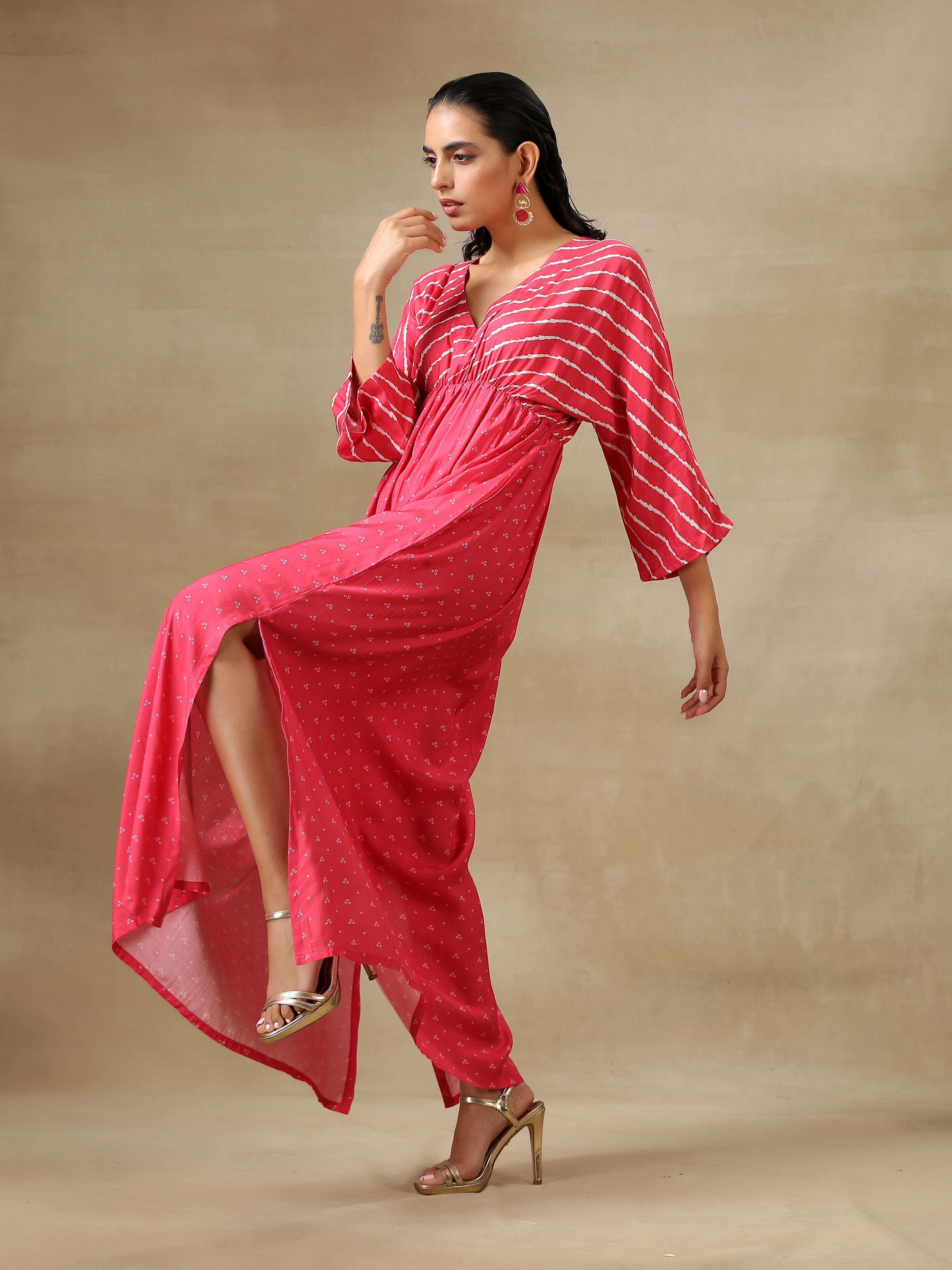 trueBrowns Pink Bandhani Printed Silk Drop Shoulder Dress | Grocsy