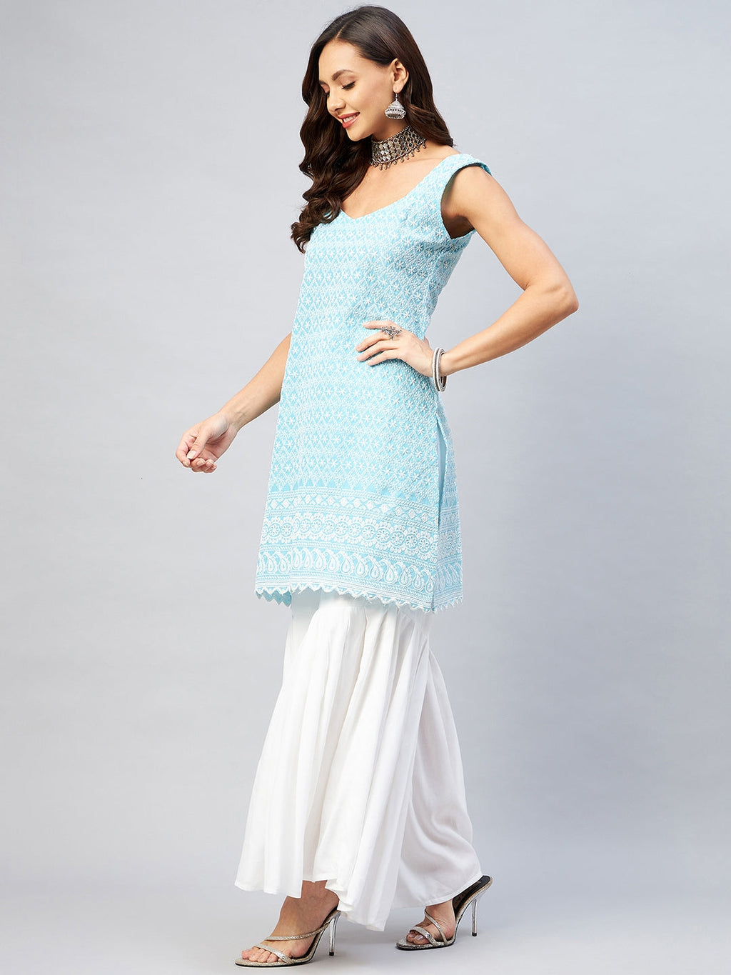 InWeave Women's Sky Blue Sweetheart Neckline Kurta | Grocsy