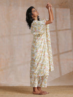 trueBrowns Pink Yellow Floral On White Block Print Cotton Panel Kaftan Kurta Pant Set | Grocsy