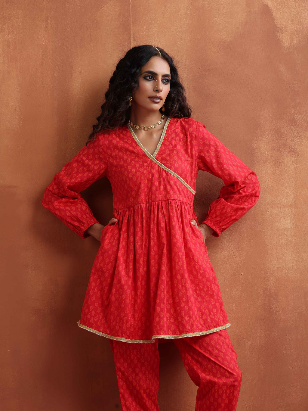 trueBrowns Red Print Angrakha Co-ord Set | Grocsy