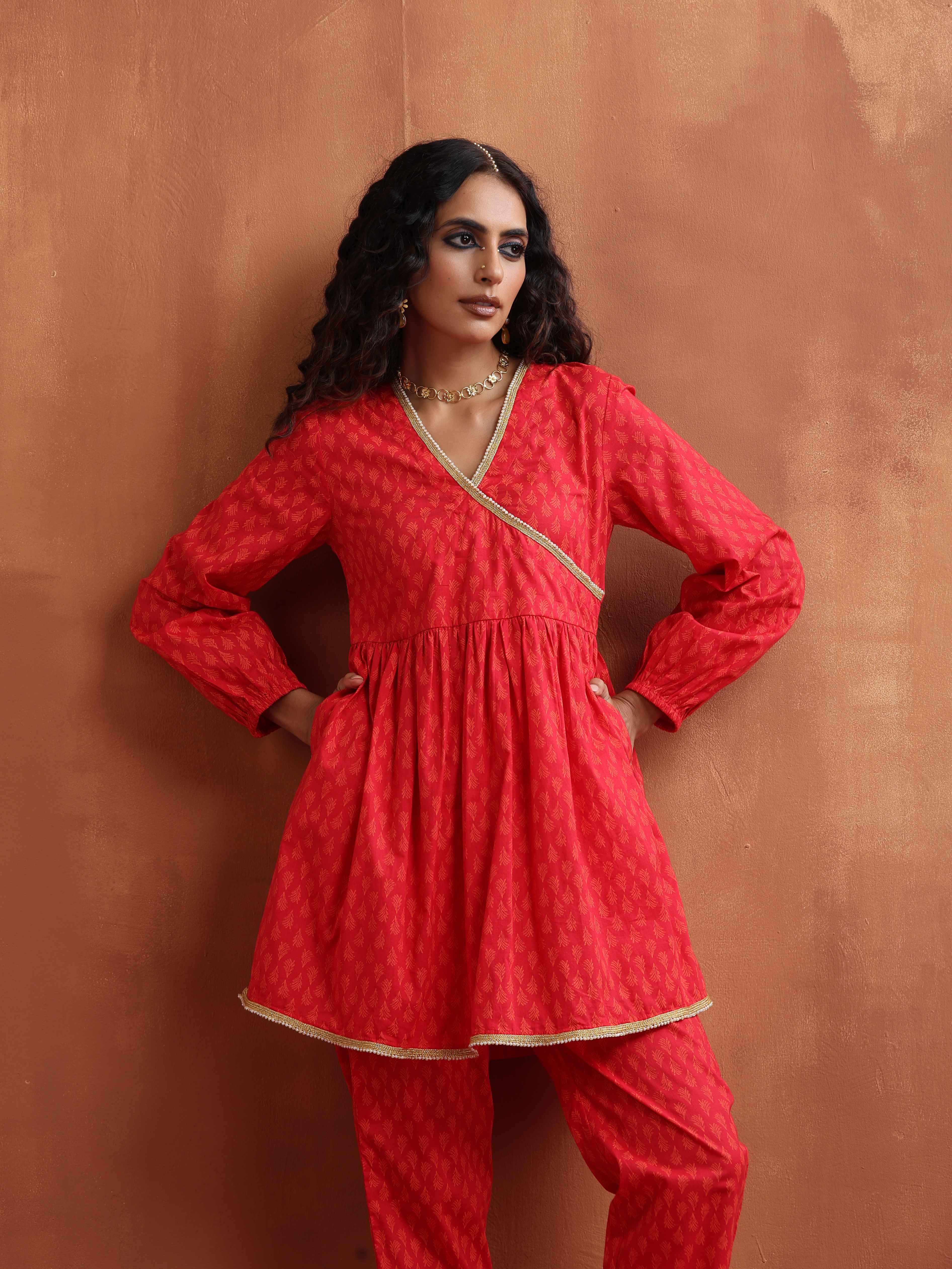 trueBrowns Red Print Angrakha Co-ord Set | Grocsy