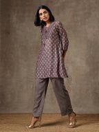 trueBrowns Grey Pink Floral Printed Silk Co-Ord Set | Grocsy