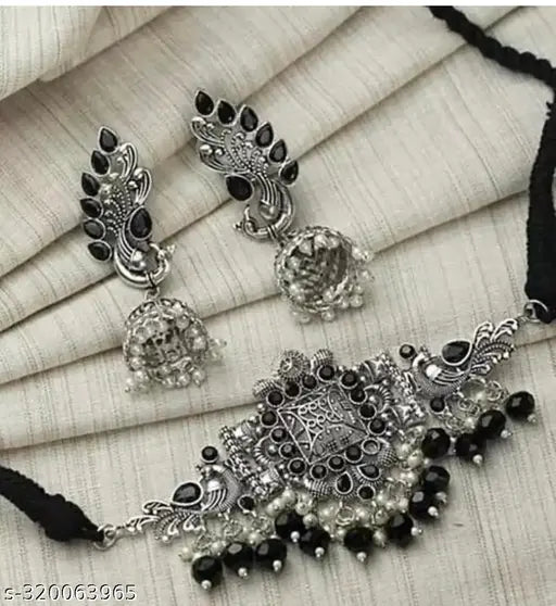 Tehzeeb Creations Women's Oxidised Necklace And Earring With Black Beads And Pearl | Grocsy