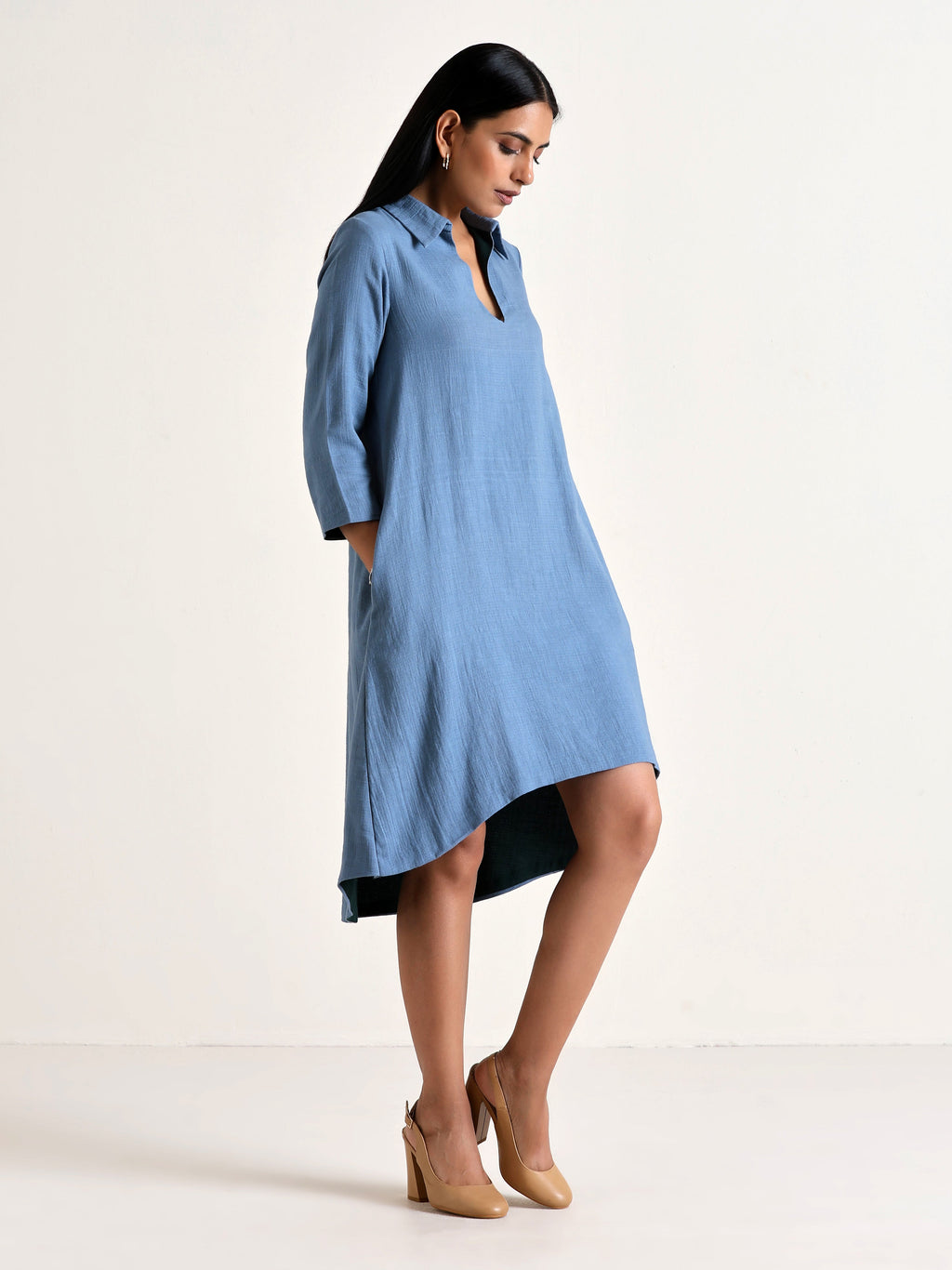 trueBrowns Light Blue Short Collared Dress | Grocsy