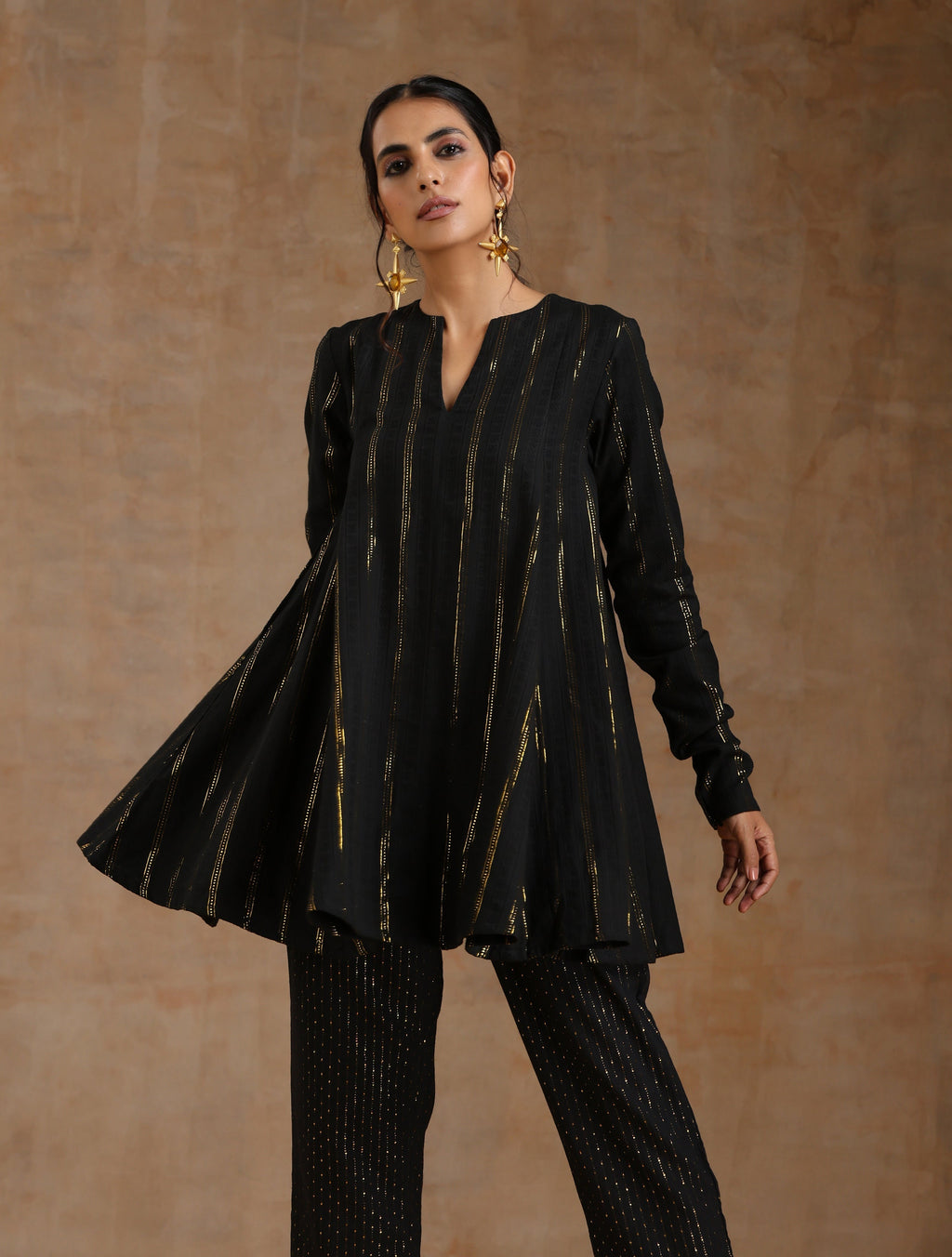 trueBrowns Black Gold Cotton Flared Co-Ord Set | Grocsy