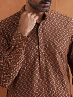 trueBrowns Men's Brown Cotton Dobby Short Kurta | Grocsy