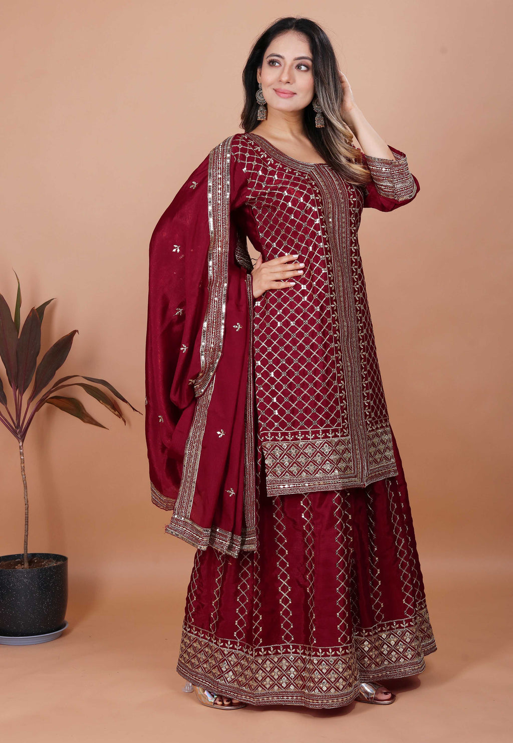 Yash Enterprise Maroon Chinon Silk Party Wear Embroidery Suit Set | Grocsy