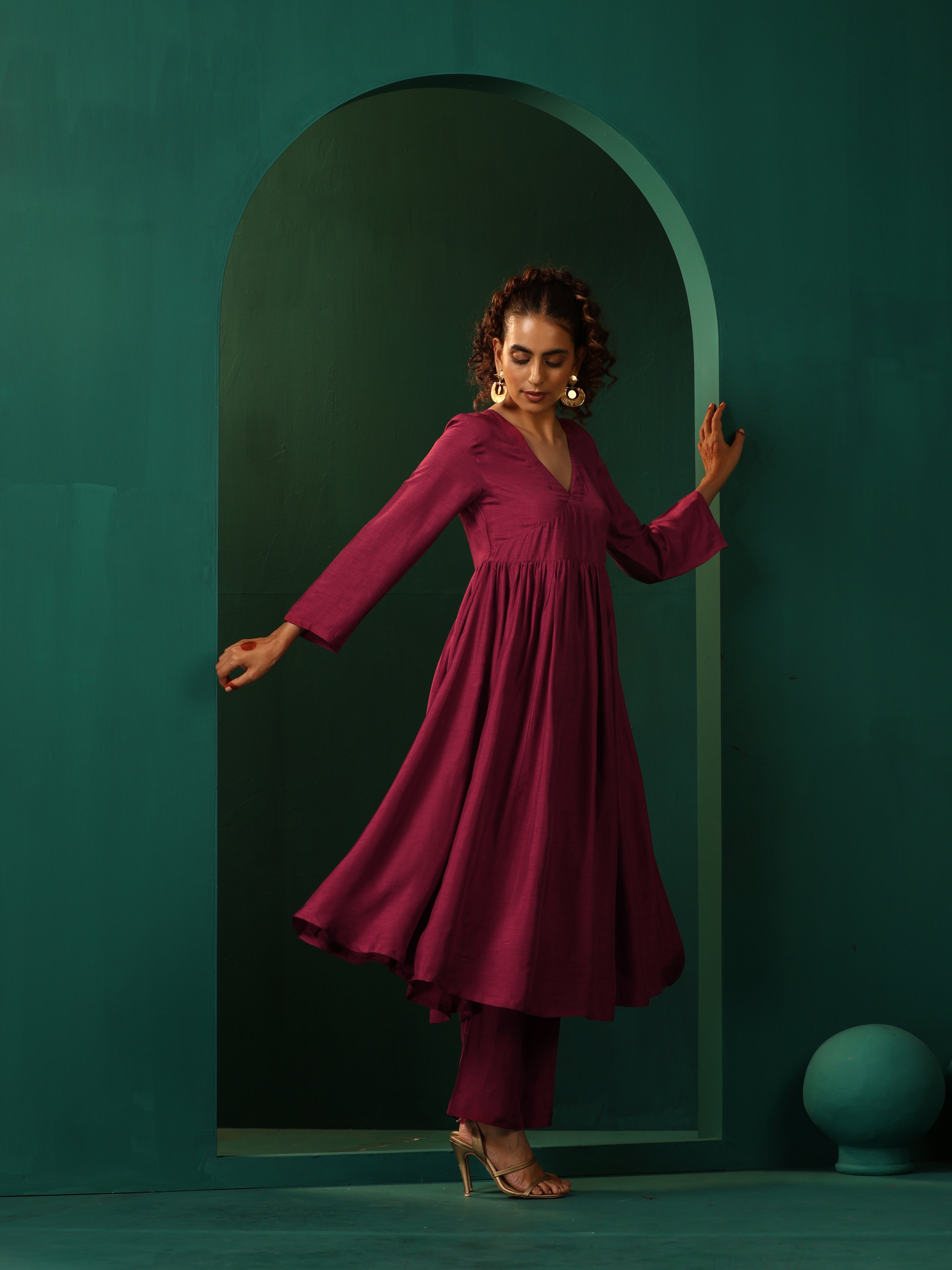 trueBrowns Maroon Silk Angrakha Kurta Pant Set | Grocsy