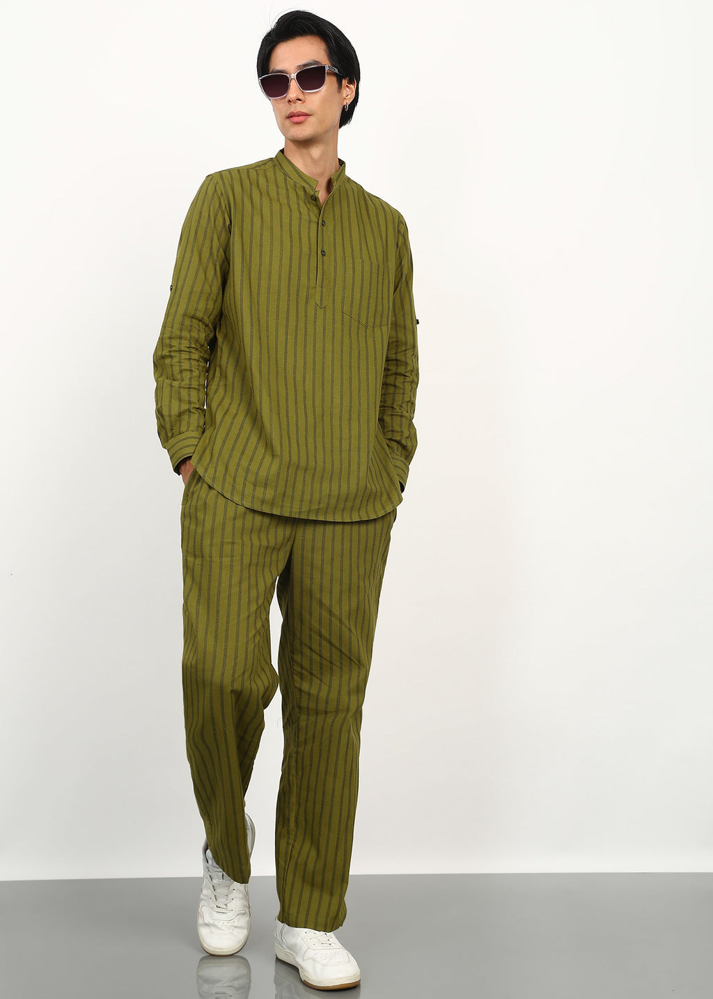 Fabmade Olive Stripe Linen Kurta Set | Grocsy