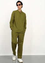 Fabmade Olive Stripe Linen Kurta Set | Grocsy