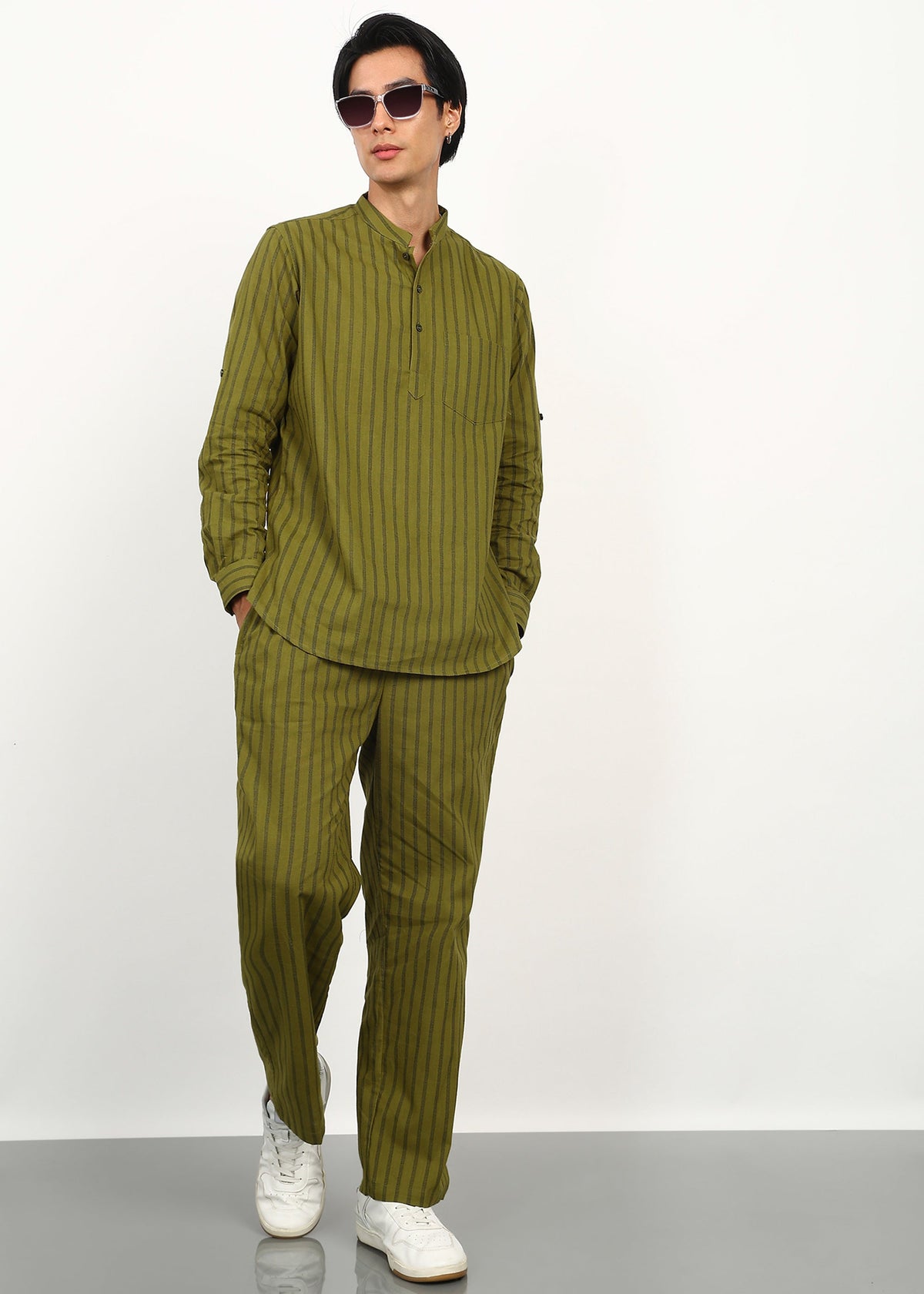 Fabmade Olive Stripe Linen Kurta Set | Grocsy