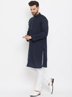 Even Apparels Blue Pure Cotton Kurta With Band Collar | Grocsy