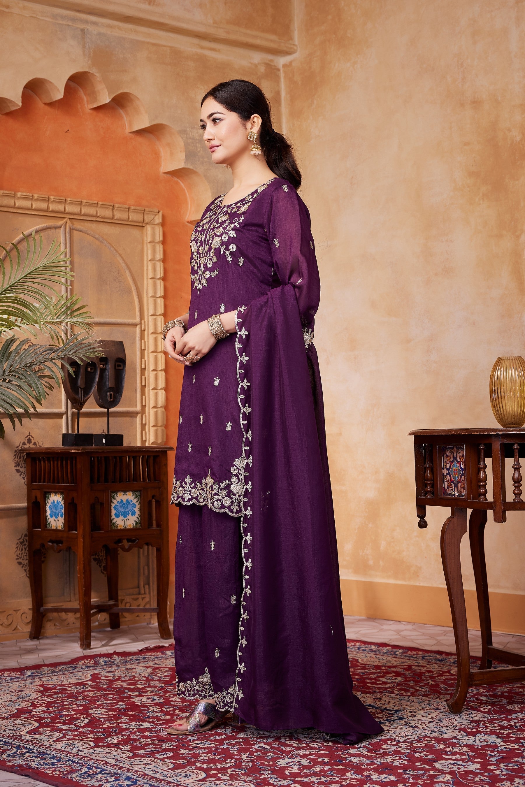Anaita Wine Readymade Suit with Embroidery Work | Grocsy