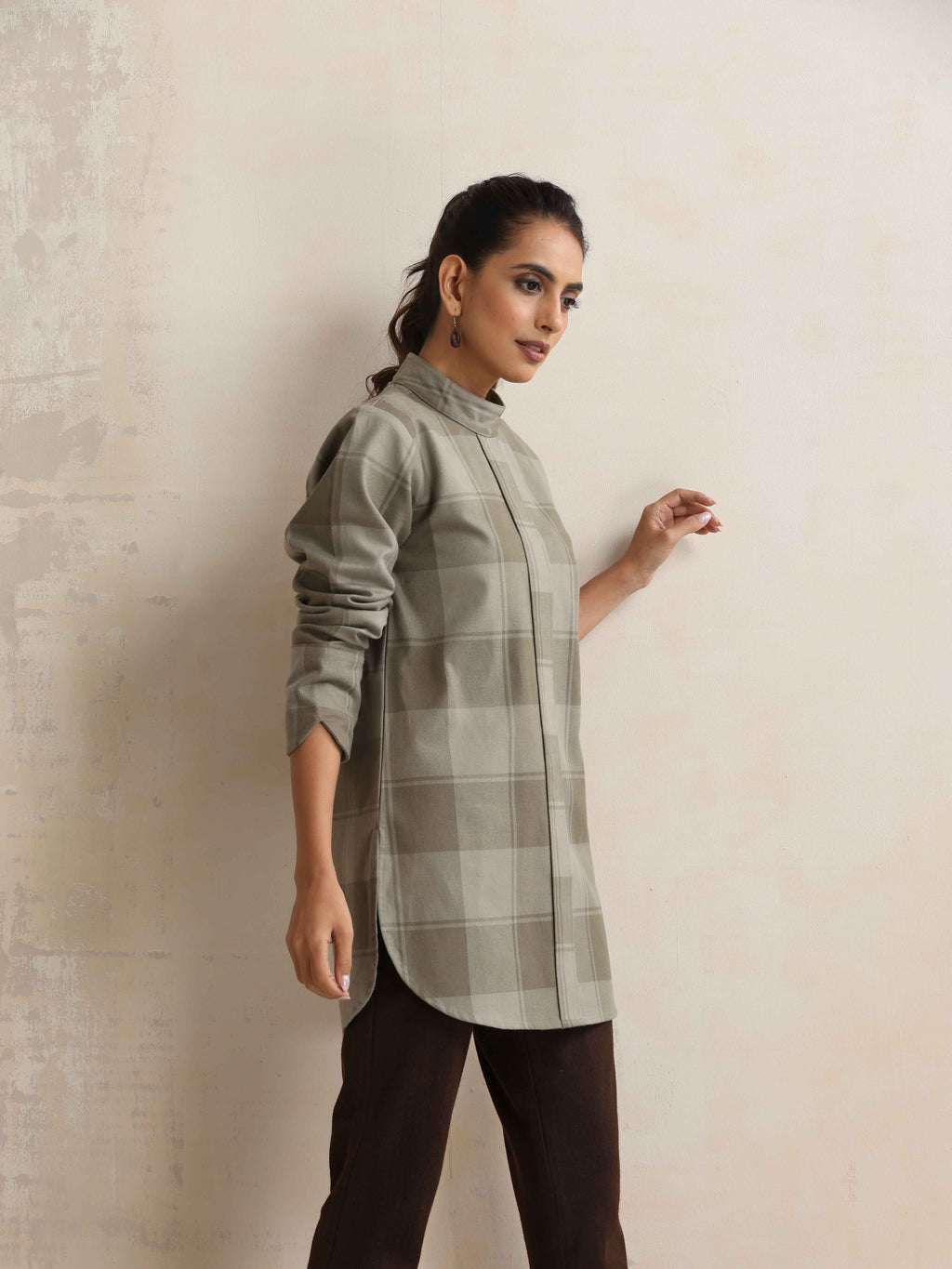 trueBrowns Green Check High Neck Winter Top | Grocsy