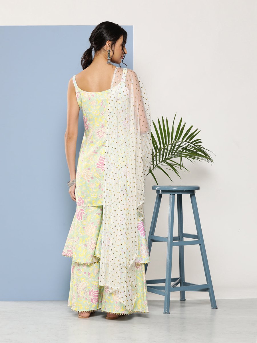 Ahalyaa Women Sea Green Floral Printed Gotta Patti Kurti with Sharara & With Dupatta | Grocsy