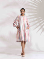 trueBrowns Off-White Cotton Multi Stripe Short Dress | Grocsy