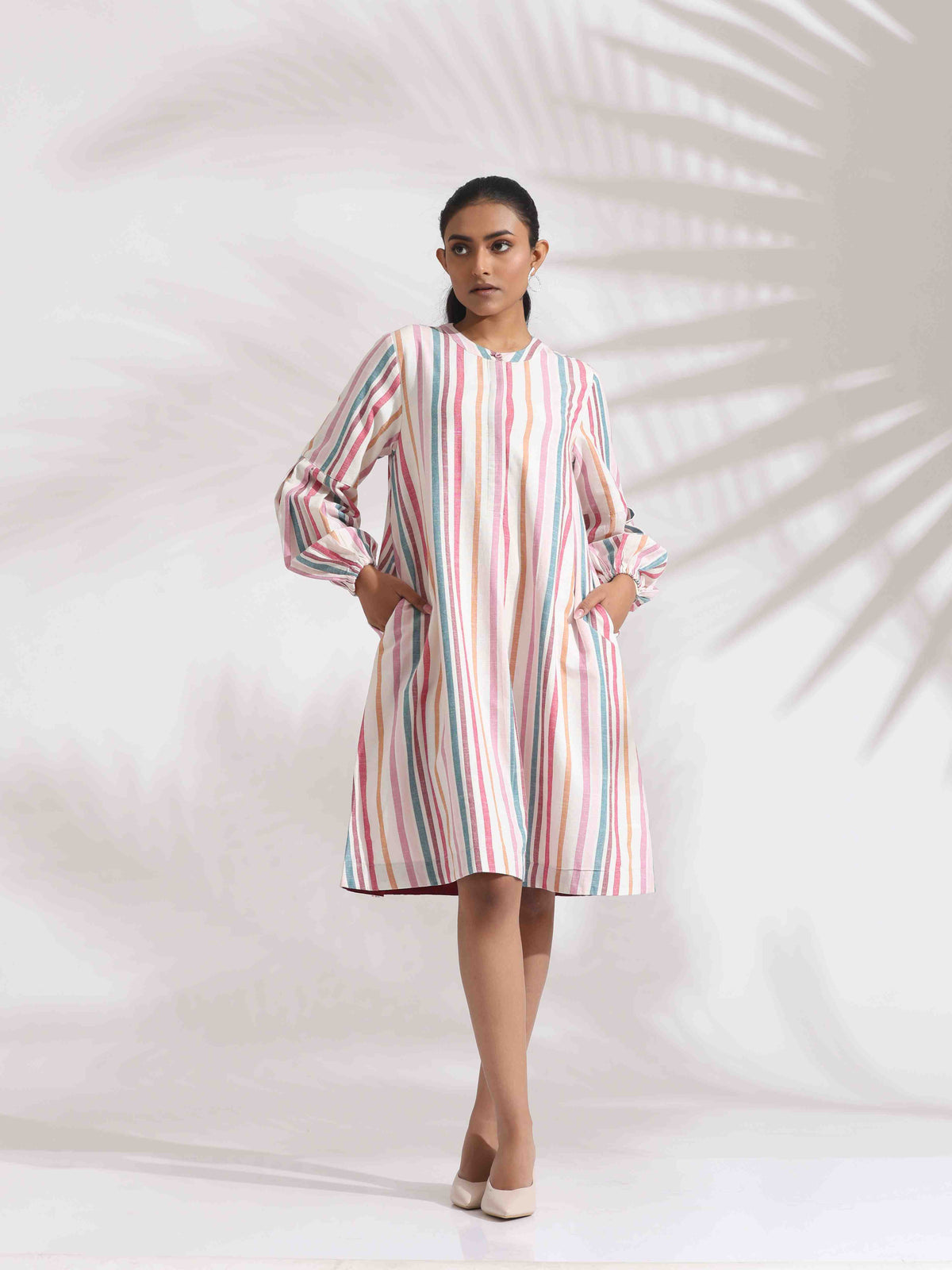 trueBrowns Off-White Cotton Multi Stripe Short Dress | Grocsy