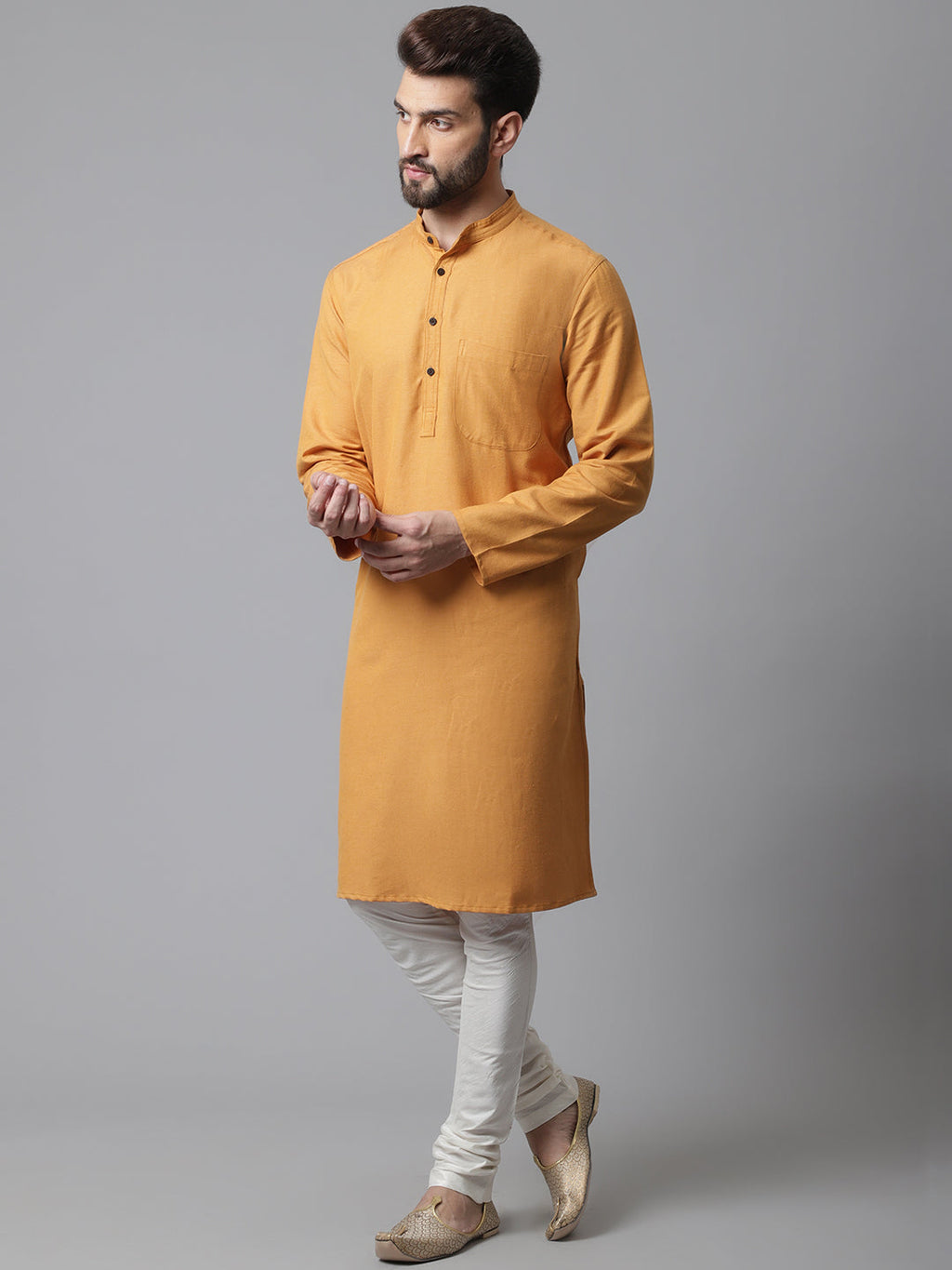 Even Apparels Yellow Solid Kurta With Band Collar | Grocsy