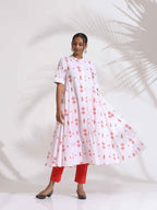 trueBrowns White Cotton Print Flared Kurta Set | Grocsy