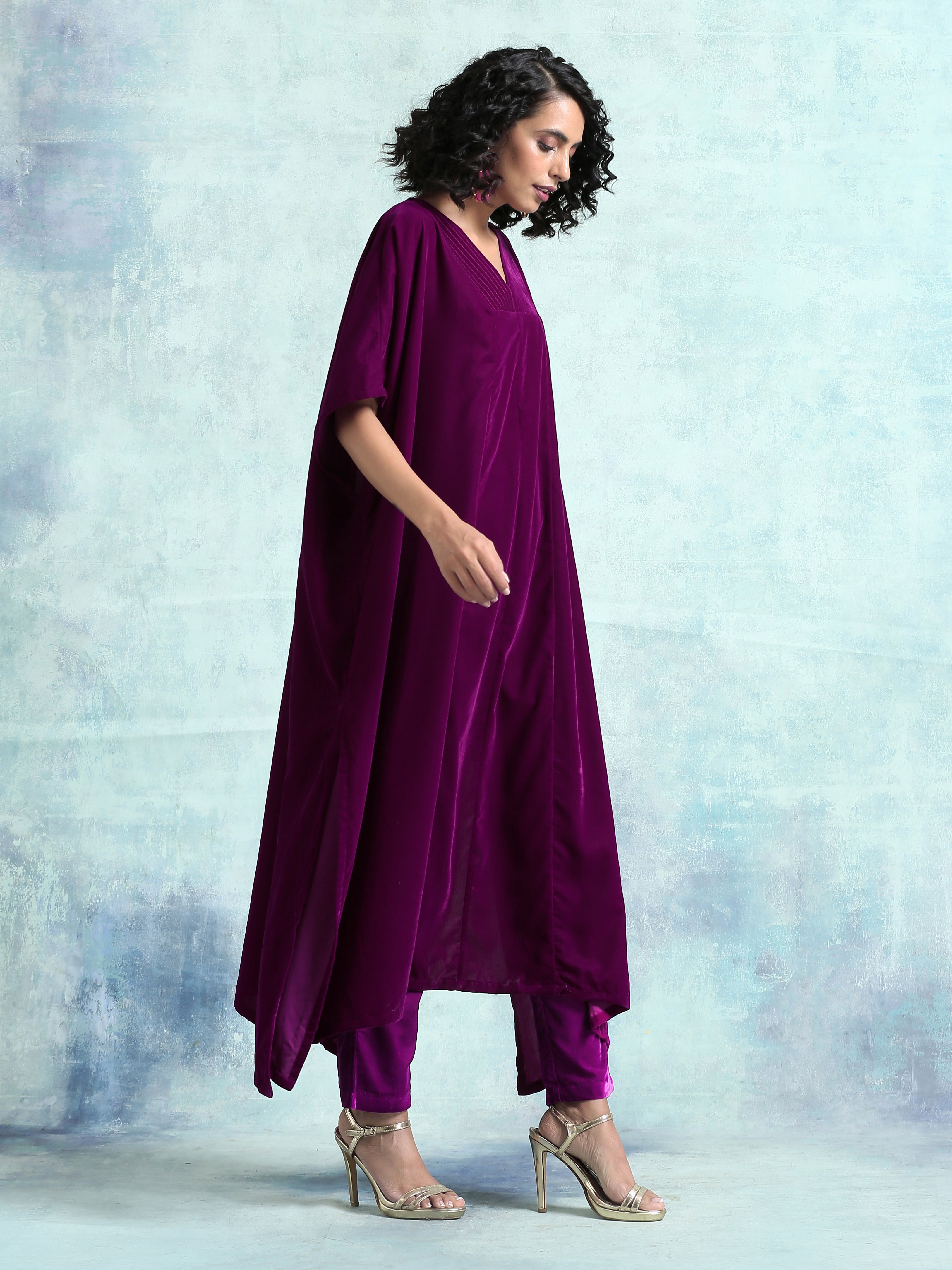 trueBrowns Wine Velvet Kaftan Kurta | Grocsy