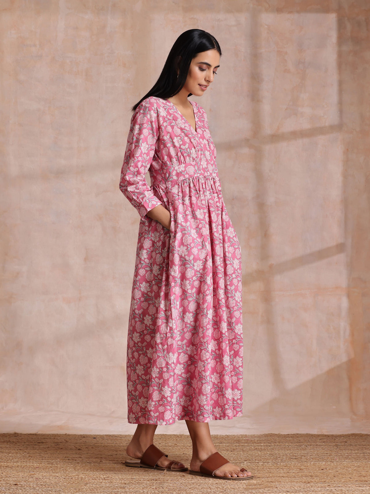 trueBrowns Pink Overall Floral Block Print Cotton Wrap Dress | Grocsy